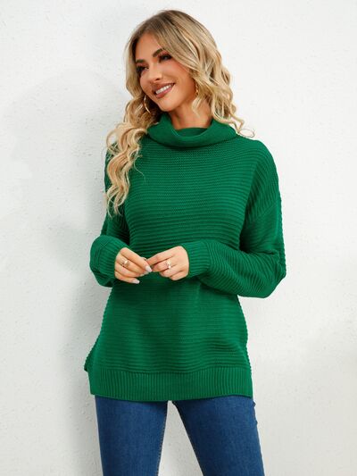 Slit Turtleneck Dropped Shoulder Sweater Trendsi