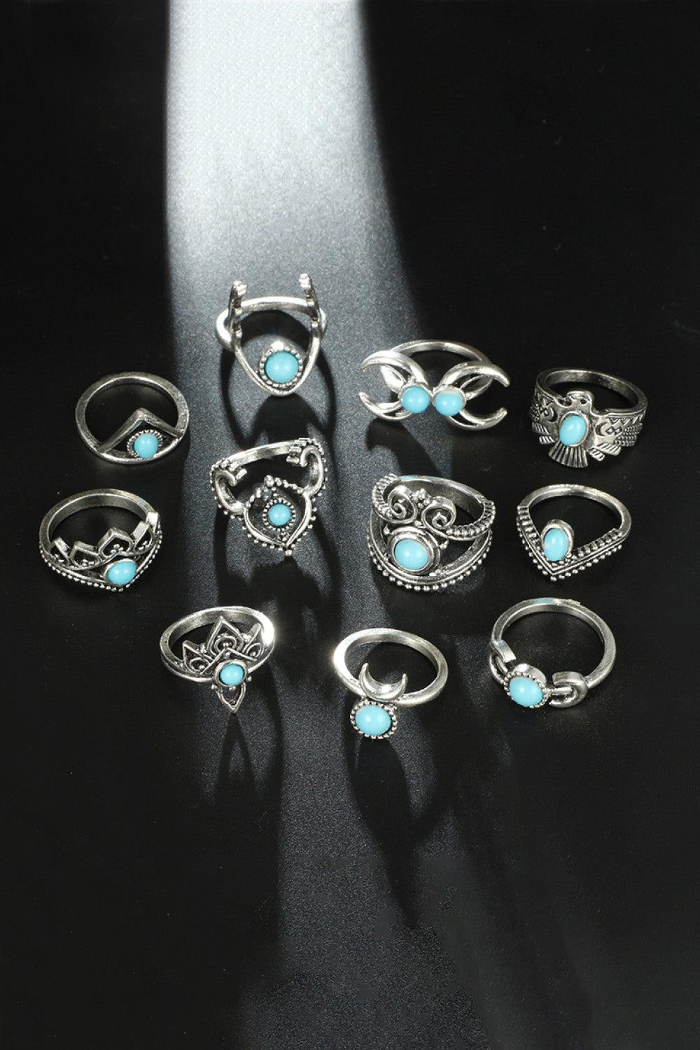 11-Piece Vintage Inlaid Artificial Turquoise Ring Set BLUE ZONE PLANET