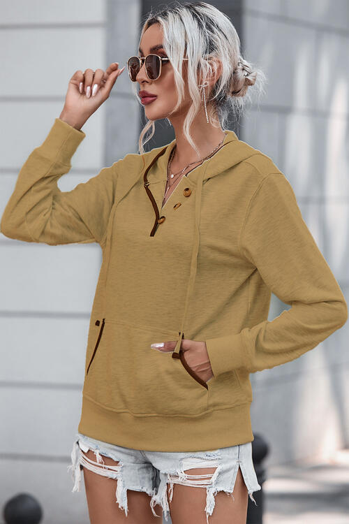 Half Button Drawstring Long Sleeve Hoodie BLUE ZONE PLANET