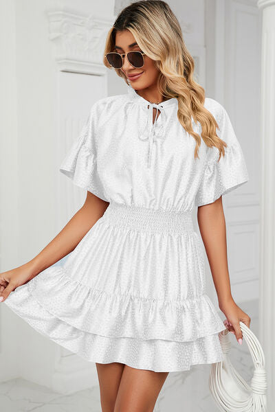 Smocked Tie Neck Flounce Sleeve Dress BLUE ZONE PLANET