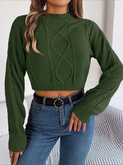 Cable-Knit Round Neck Cropped Sweater BLUE ZONE PLANET