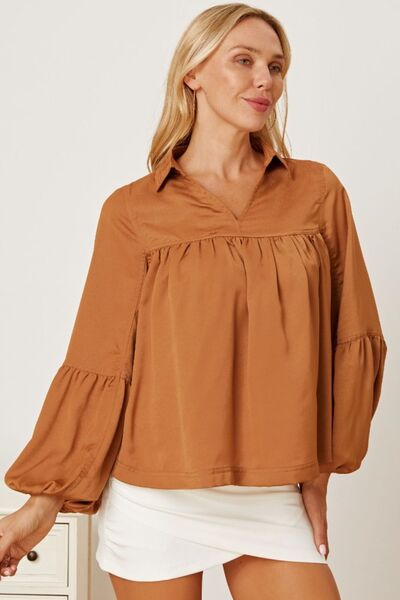 Balloon Sleeve Collared Neck Blouse Trendsi