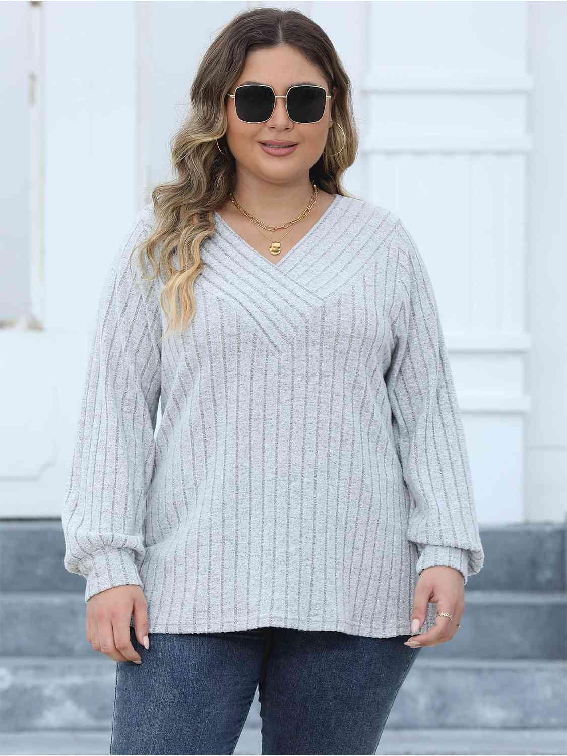 Plus Size Ribbed V-Neck Long Sleeve Top BLUE ZONE PLANET
