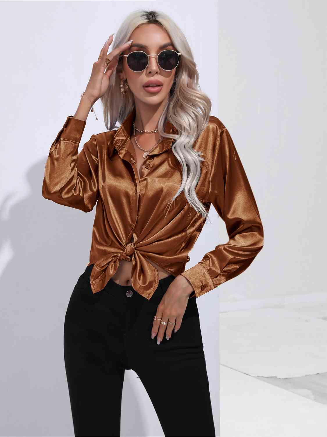 Collared Neck Buttoned Long Sleeve Shirt BLUE ZONE PLANET