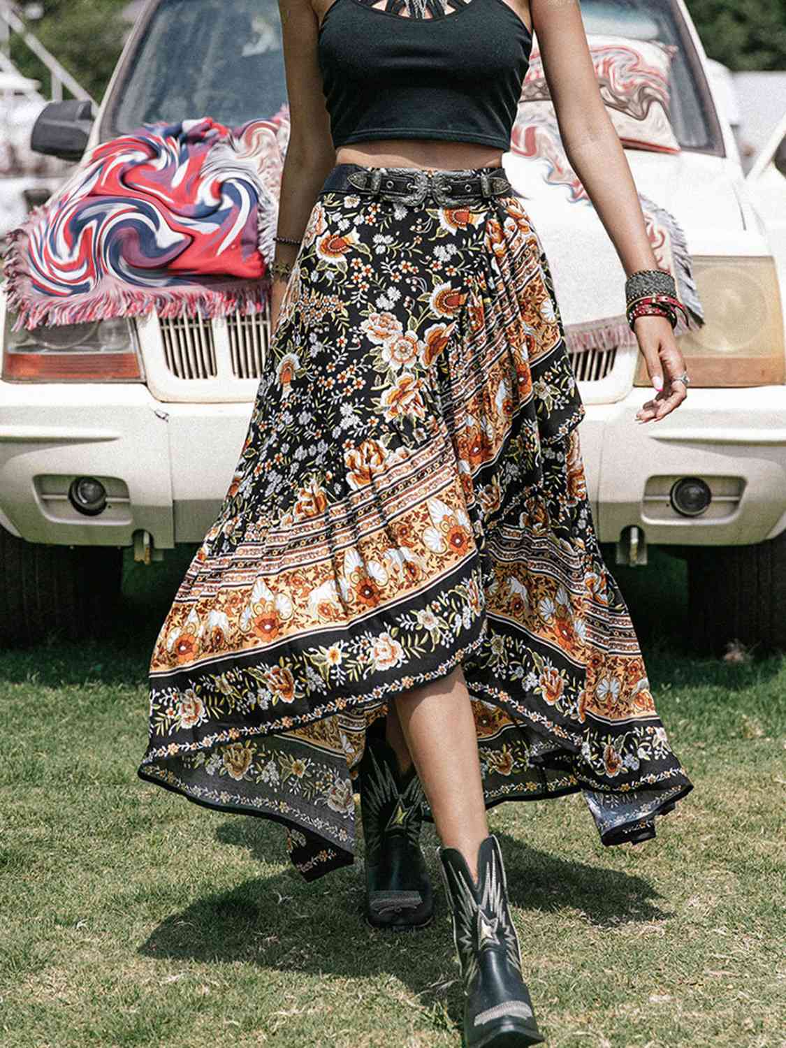 Printed High-Low Ruffle Hem Skirt BLUE ZONE PLANET