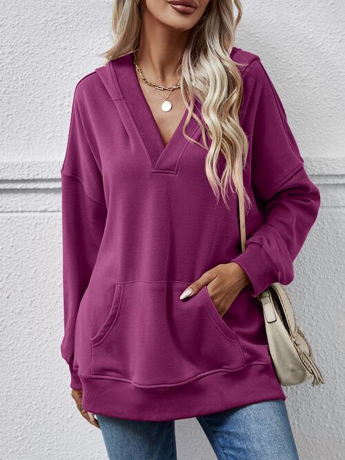 V-Neck Drop Shoulder Long Sleeve Hoodie BLUE ZONE PLANET