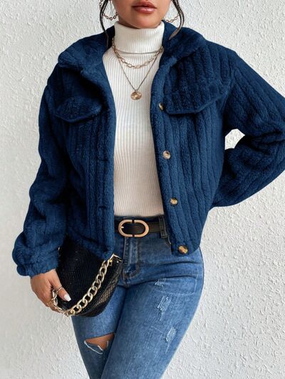 Blue Zone Planet | Fuzzy Button Up Collared Neck Jacket BLUE ZONE PLANET