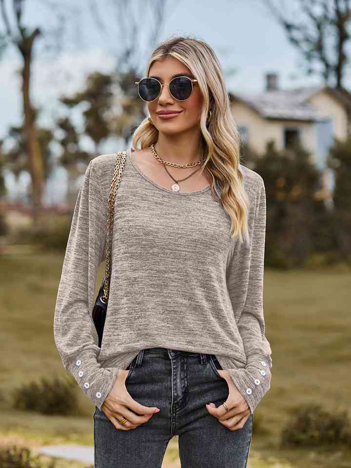 Round Neck Long Sleeve Buttoned T-Shirt BLUE ZONE PLANET