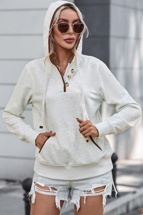 Half Button Drawstring Long Sleeve Hoodie BLUE ZONE PLANET
