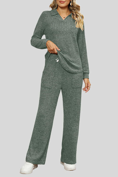 Blue Zone Planet | Ribbed Long Sleeve Top and Pocketed Pants Set BLUE ZONE PLANET