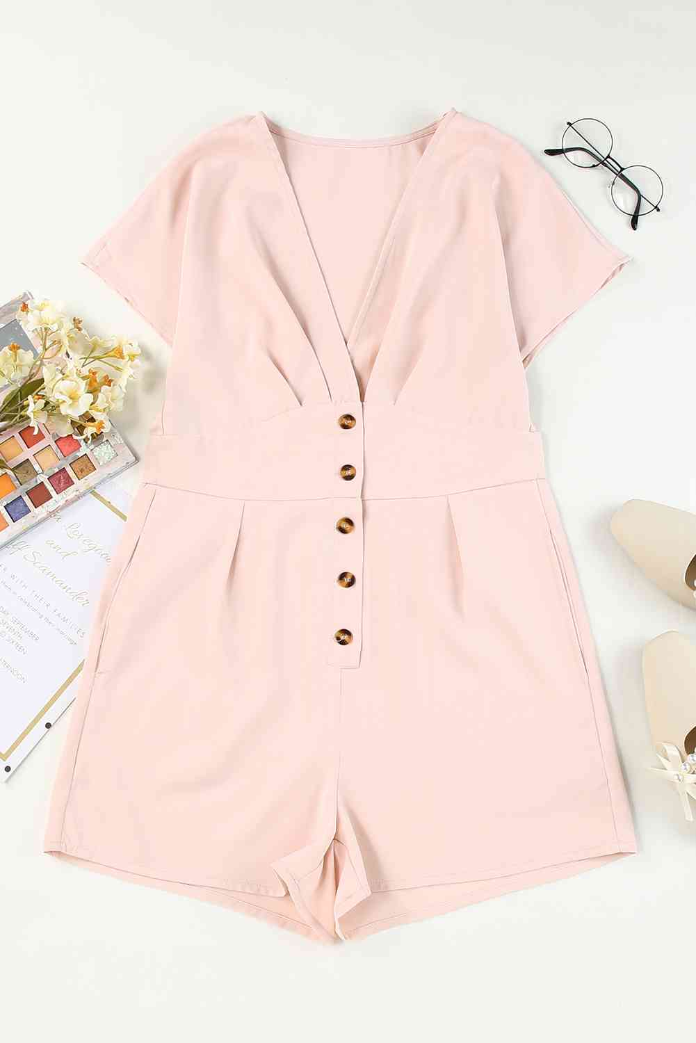Buttoned V-Neck Short Sleeve Romper BLUE ZONE PLANET