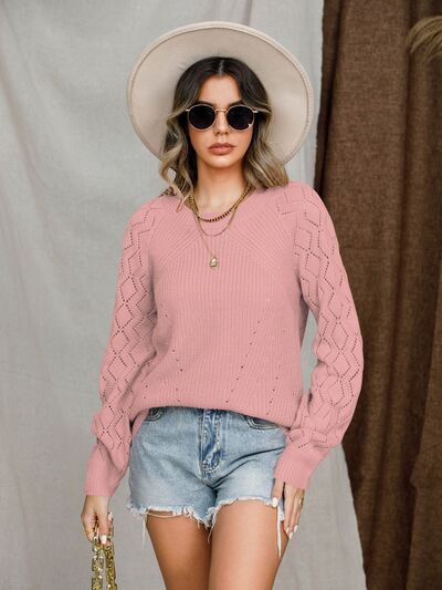 Openwork Round Neck Raglan Sleeve Sweater BLUE ZONE PLANET