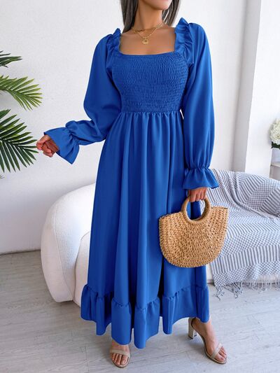 Smocked Square Neck Flounce Sleeve Dress BLUE ZONE PLANET