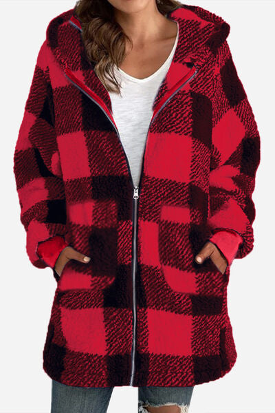 Blue Zone Planet | Double Take Full Size Plaid Long Sleeve Hooded Coat BLUE ZONE PLANET