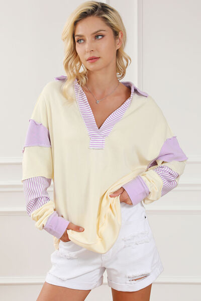 Striped Contrast Johnny Collar Dropped Shoulder Sweatshirt-TOPS / DRESSES-[Adult]-[Female]-Pastel Yellow-S-2022 Online Blue Zone Planet
