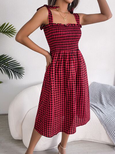 Frill Plaid Square Neck Midi Dress BLUE ZONE PLANET