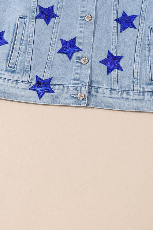 Pocketed Geometric Collared Neck Denim Jacket BLUE ZONE PLANET