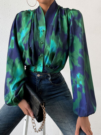 Blue Zone Planet | Tie-Dye Button Up Balloon Sleeve Blouse BLUE ZONE PLANET
