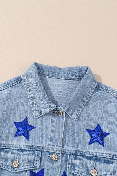 Pocketed Geometric Collared Neck Denim Jacket BLUE ZONE PLANET