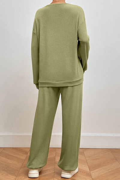 Pocketed Round Neck Top and Pants Lounge Set Trendsi