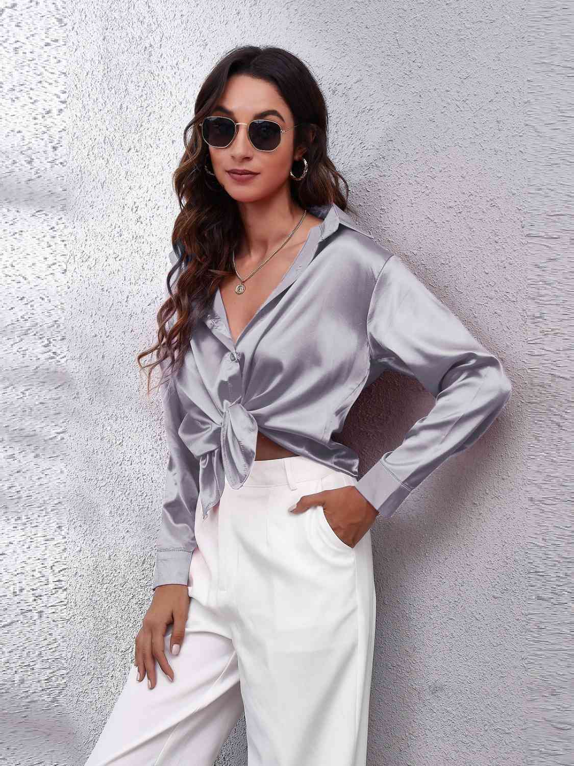 Collared Neck Buttoned Long Sleeve Shirt BLUE ZONE PLANET