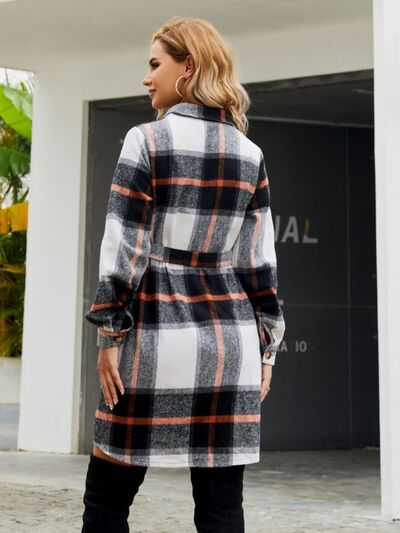 Blue Zone Planet | Plaid Belted Collared Neck Button Up Jacket BLUE ZONE PLANET