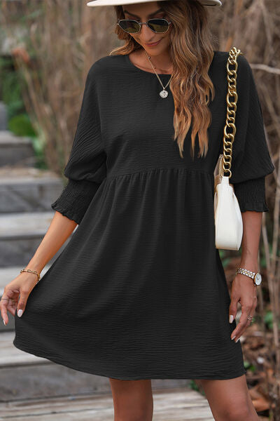 Blue Zone Planet | Round Neck Lantern Sleeve Mini Dress BLUE ZONE PLANET