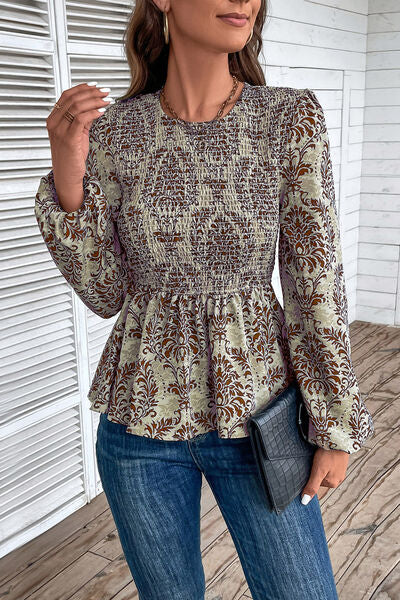 Blue Zone Planet | Smocked Printed Balloon Sleeve Blouse BLUE ZONE PLANET