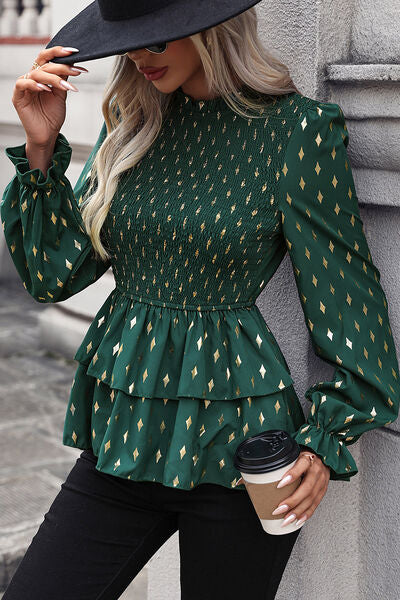 Smocked Flounce Sleeve Layered Blouse BLUE ZONE PLANET