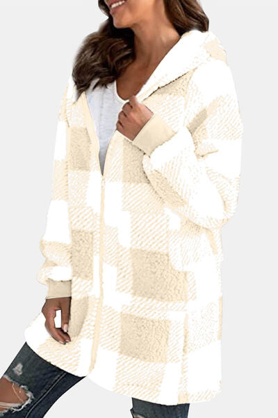Blue Zone Planet | Double Take Full Size Plaid Long Sleeve Hooded Coat BLUE ZONE PLANET