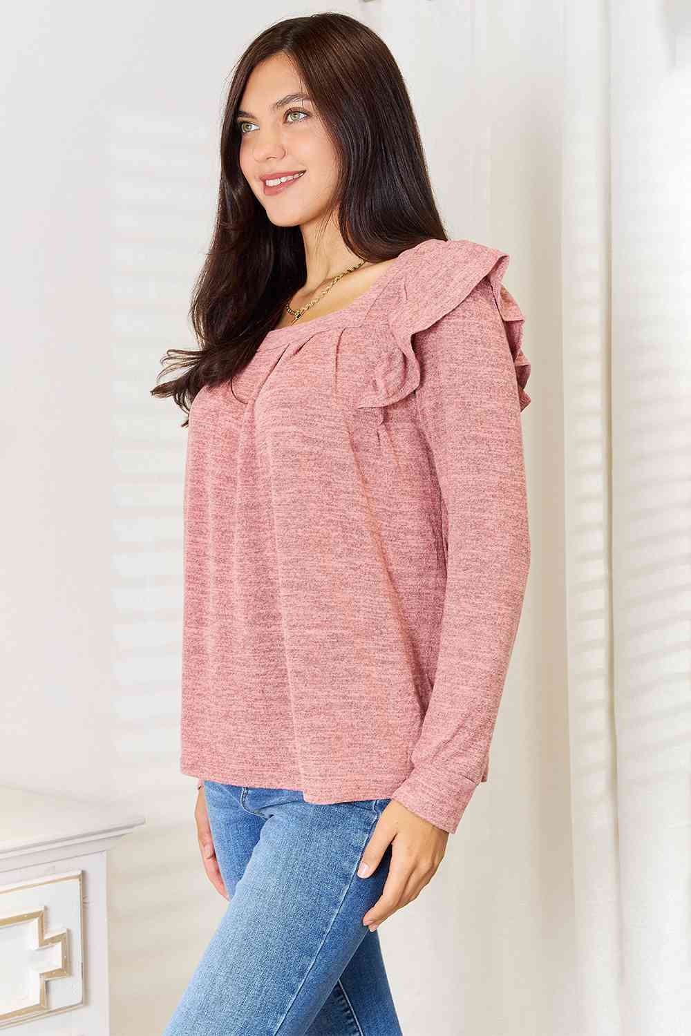Double Take Square Neck Ruffle Shoulder Long Sleeve T-Shirt BLUE ZONE PLANET