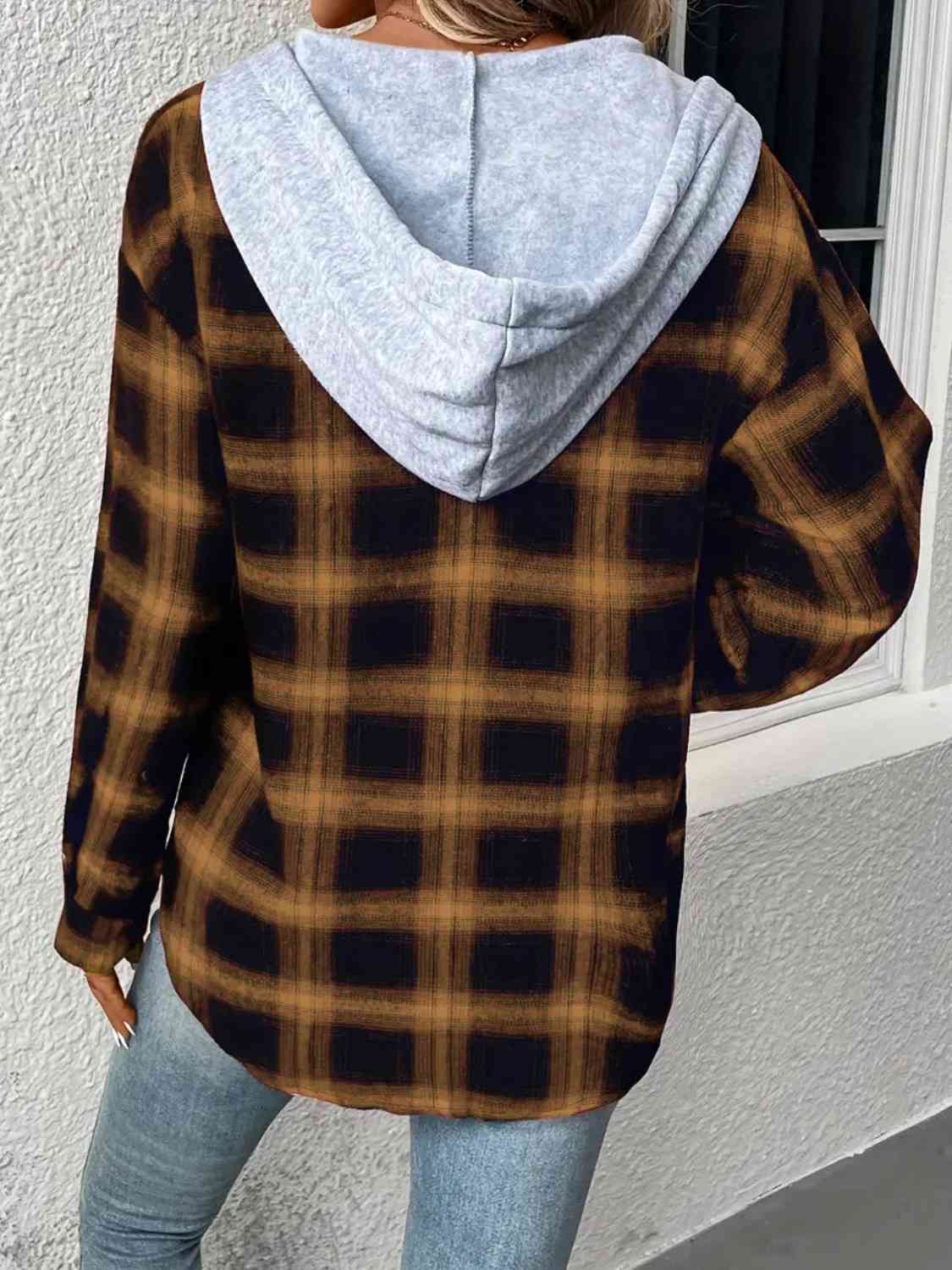Plaid Drawstring Button Up Hooded Jacket BLUE ZONE PLANET