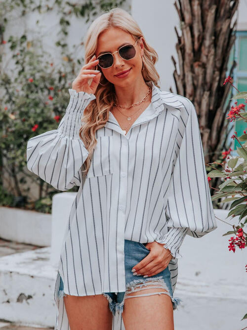 Striped Collared Neck Lantern Sleeve Shirt BLUE ZONE PLANET
