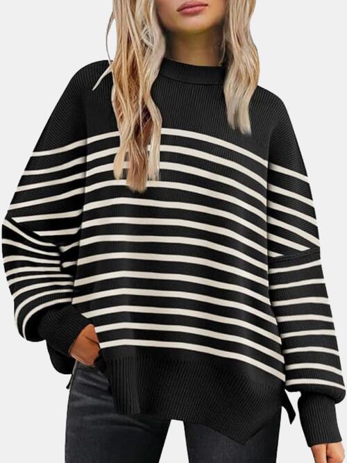 Round Neck Drop Shoulder Slit Sweater BLUE ZONE PLANET