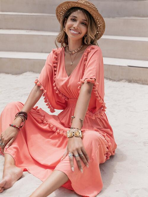 Tassel Trim Smocked V-Neck Short Sleeve Dress BLUE ZONE PLANET