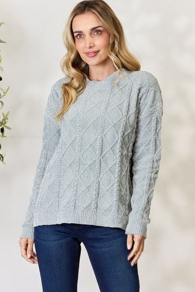 Blue Zone Planet | BiBi Cable Knit Round Neck Sweater BLUE ZONE PLANET