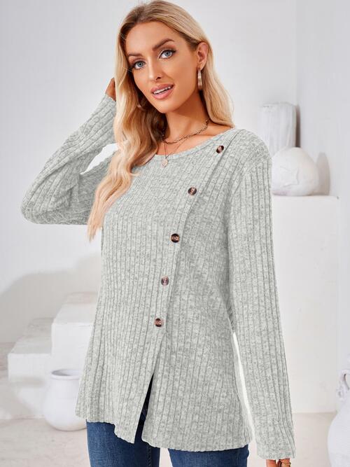 Ribbed Buttoned Round Neck Slit T-Shirt BLUE ZONE PLANET