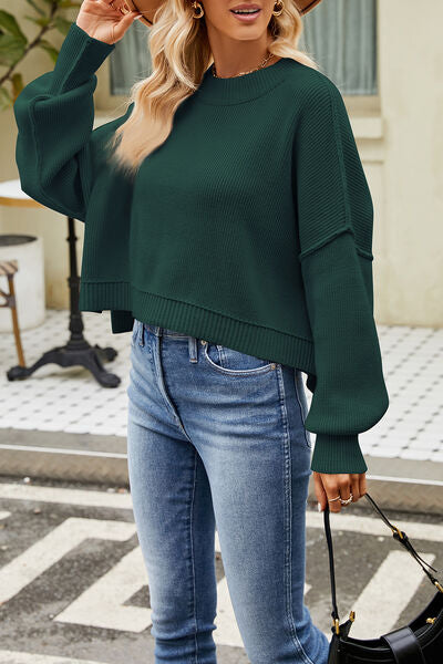 Blue Zone Planet | Round Neck Dropped Shoulder Sweater BLUE ZONE PLANET