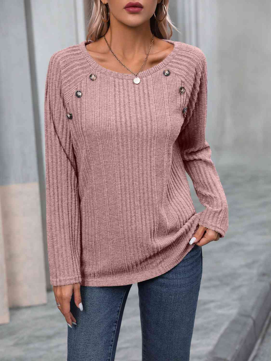 Ribbed Buttoned Round Neck Long Sleeve T-Shirt BLUE ZONE PLANET