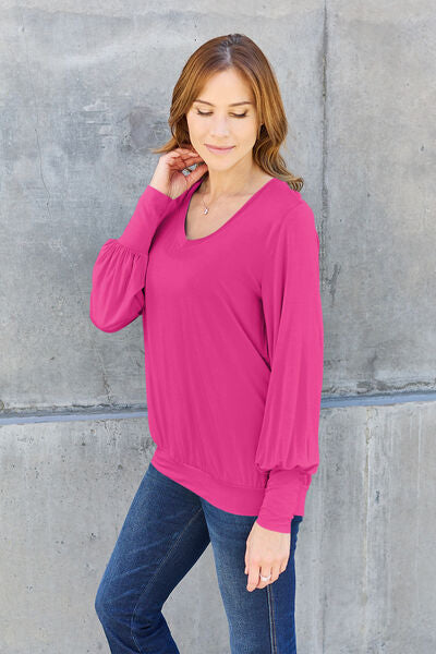 Blue Zone Planet | Basic Bae Full Size V-Neck Lantern Sleeve Blouse BLUE ZONE PLANET