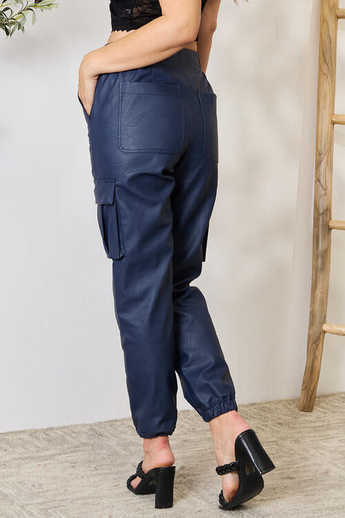 Kancan High Waist Faux Leather Cargo Joggers BLUE ZONE PLANET