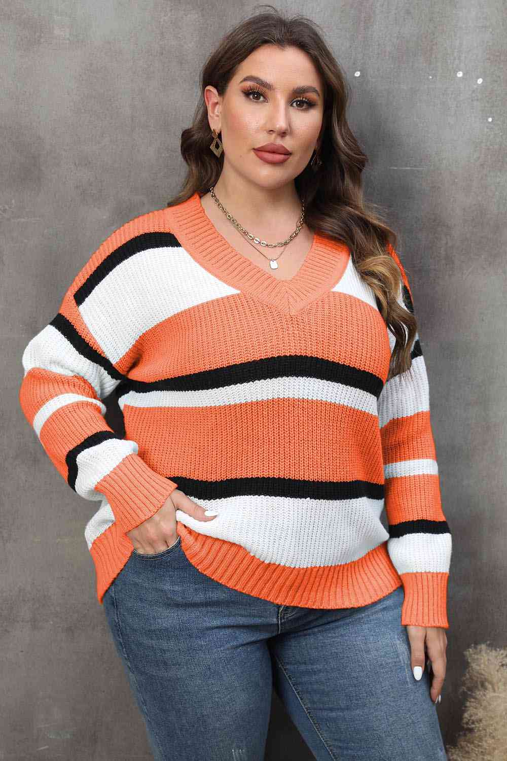 Plus Size Striped V-Neck Dropped Shoulder Sweater BLUE ZONE PLANET