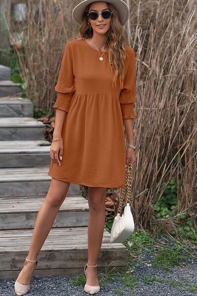Blue Zone Planet | Round Neck Lantern Sleeve Mini Dress BLUE ZONE PLANET
