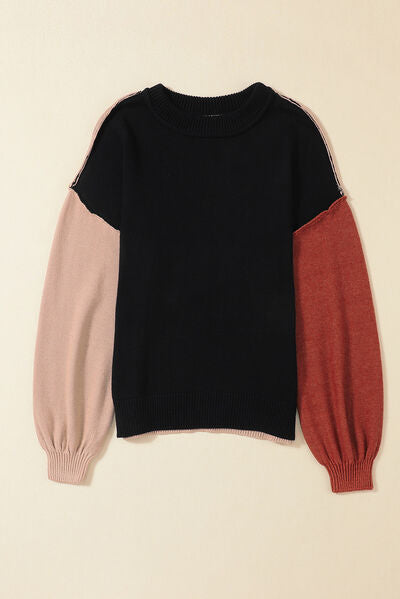 Blue Zone Planet | Contrast Round Neck Dropped Shoulder Sweater BLUE ZONE PLANET
