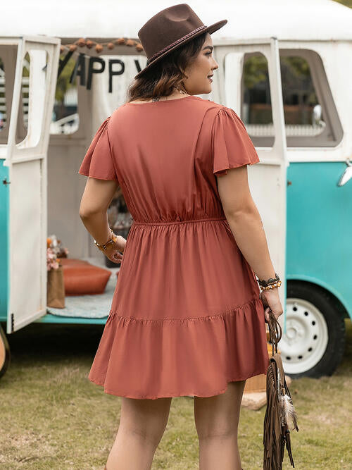 Double Take Plus Size Ruffle Hem V-Neck Short Sleeve Dress BLUE ZONE PLANET