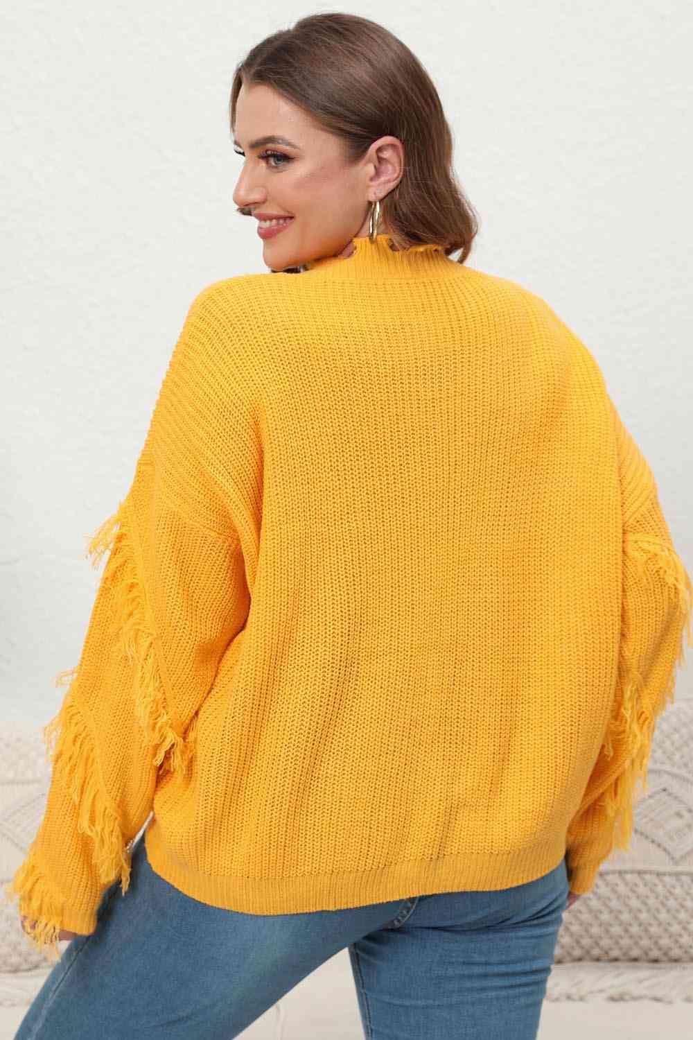 Plus Size Fringe V-Neck Long Sleeve Sweater BLUE ZONE PLANET