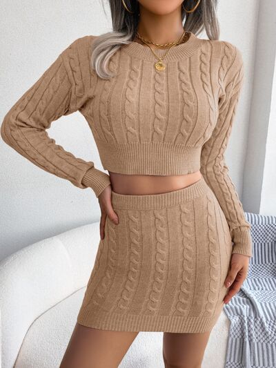 Blue Zone Planet | Cable-Knit Round Neck Top and Skirt Sweater Set BLUE ZONE PLANET