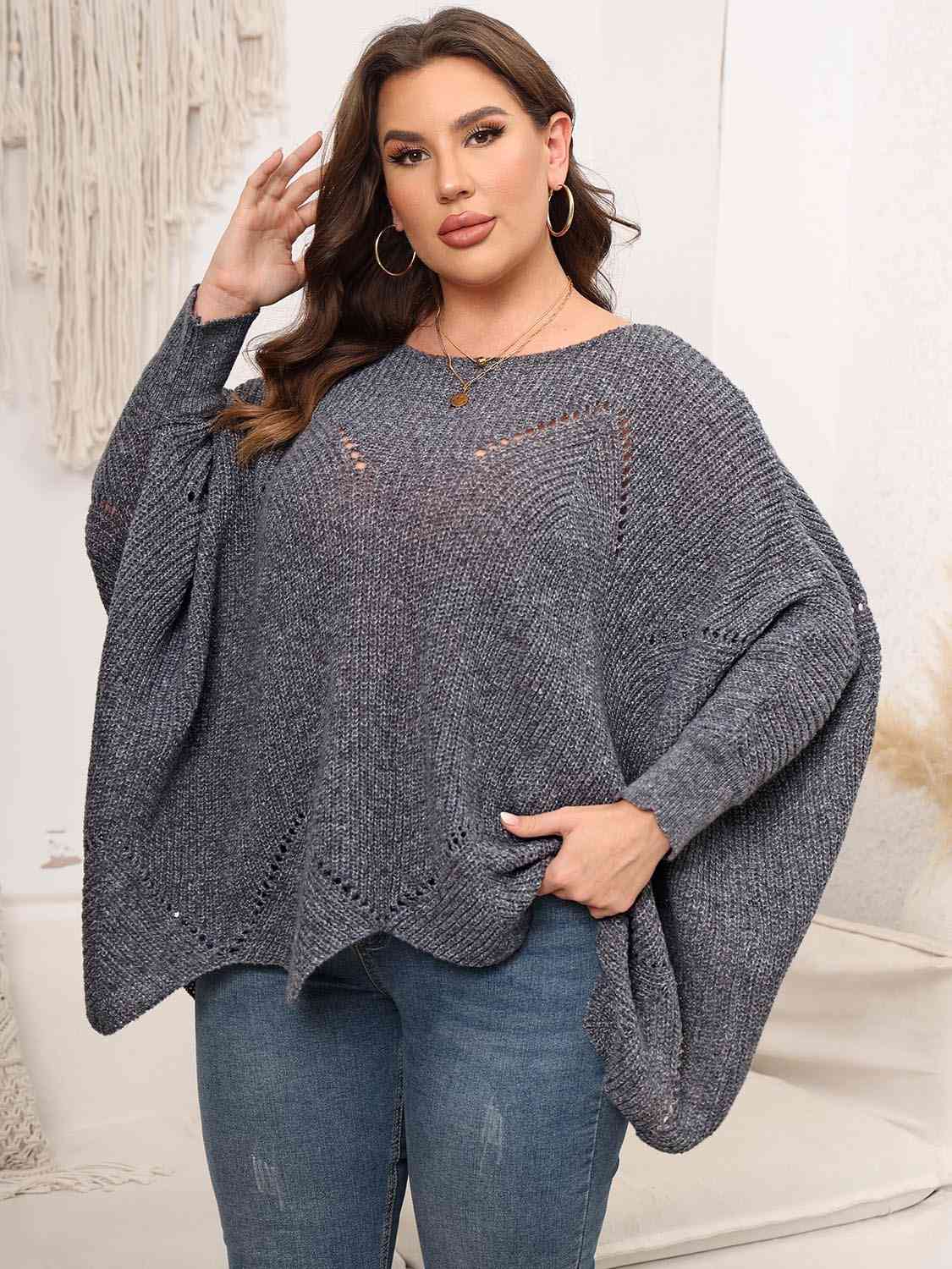 Plus Size Round Neck Batwing Sleeve Sweater BLUE ZONE PLANET