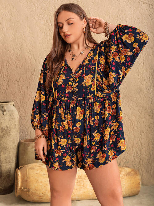 Plus Size Floral Tie Neck Balloon Sleeve Romper BLUE ZONE PLANET