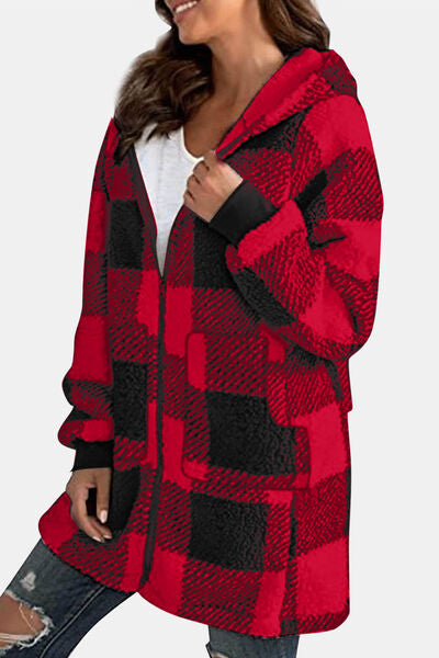 Blue Zone Planet | Double Take Full Size Plaid Long Sleeve Hooded Coat BLUE ZONE PLANET